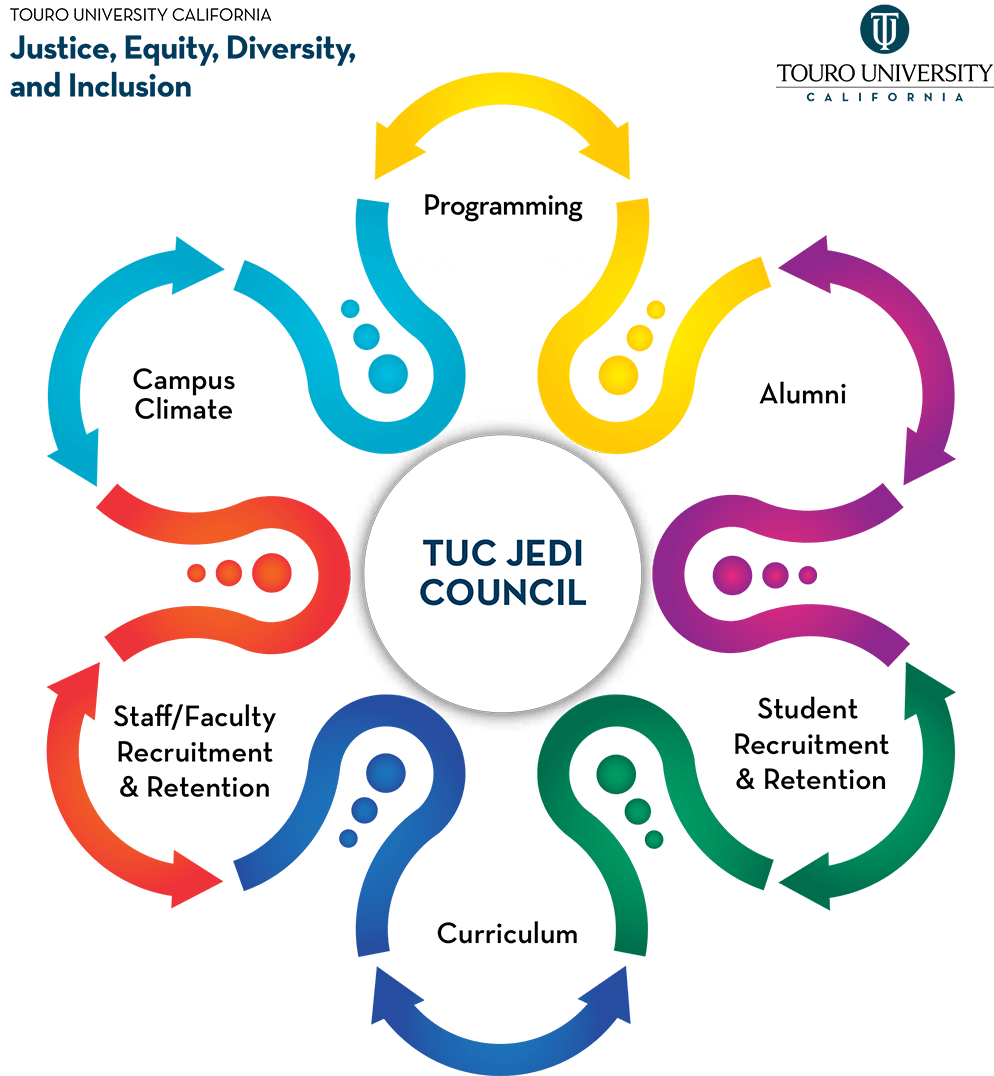 infographic showing the six areas of focus for the Jedi council: Programming, Alumni, Student Recruitments & Retention, Curriculum, Staff/Faculty Recruitments & Retention, Campus Climate