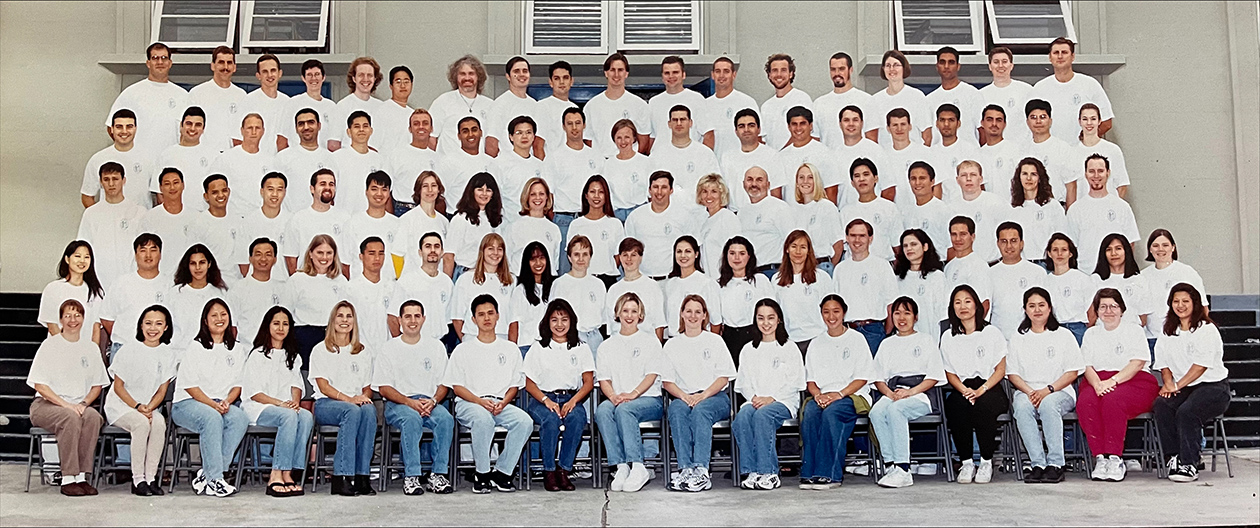 A photo shows then-Student Doctors of the College of Osteopathic Medicine Class of 2003 after their White Coat Ceremony on the Touro University California campus on Mare Island. The Class of 2003 was the first cohort to start and finish their Doctor of Osteopathic Medicine program at the Mare Island campus.